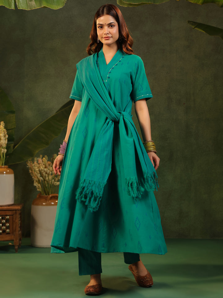 Naveli - Teal Green Handloom suit set