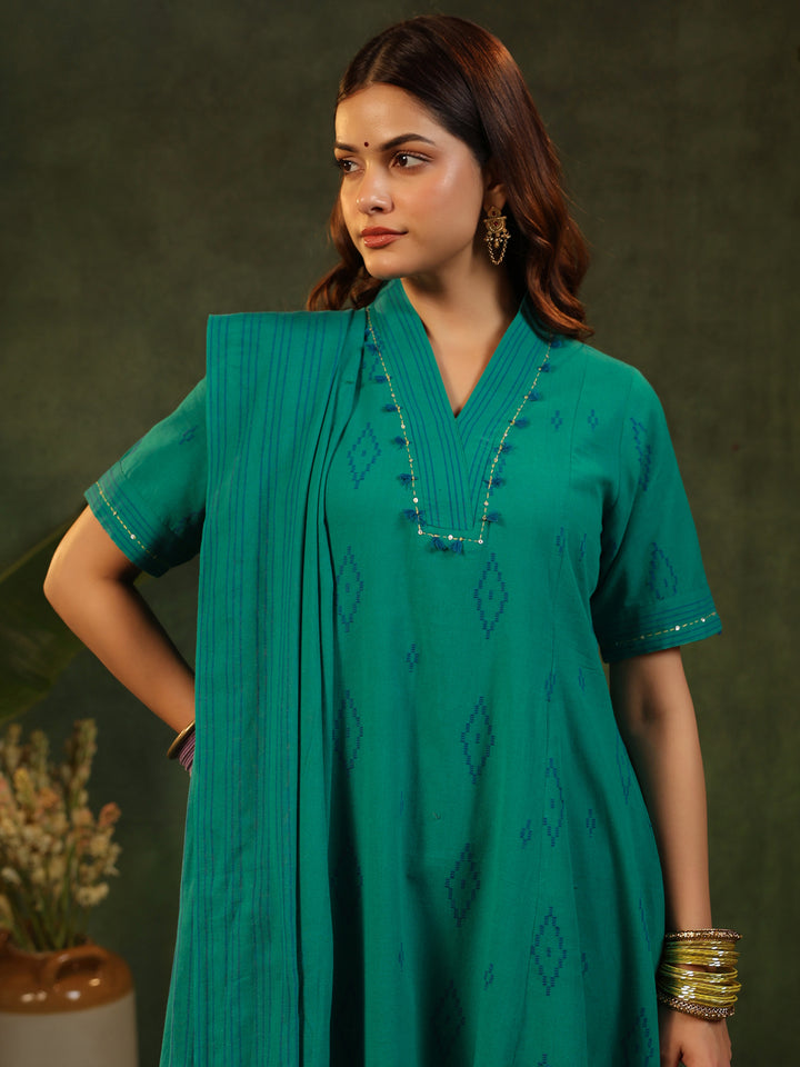 Naveli - Teal Green Handloom suit set