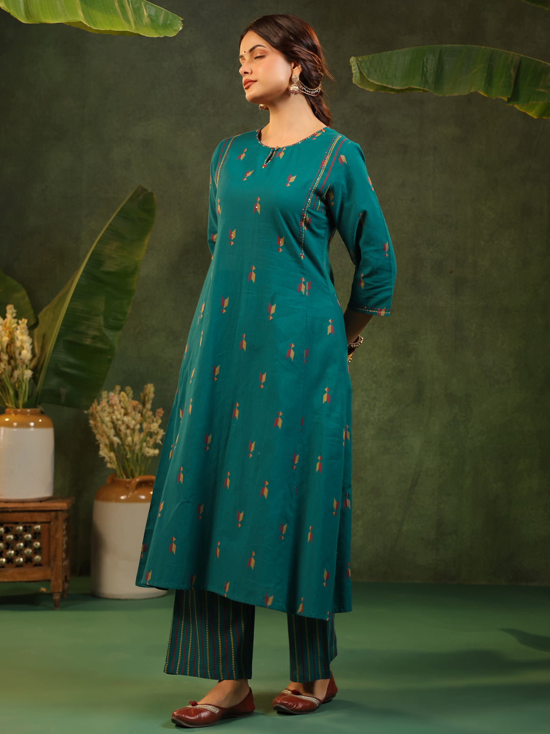 Kalam - Teal Green Handloom suit set