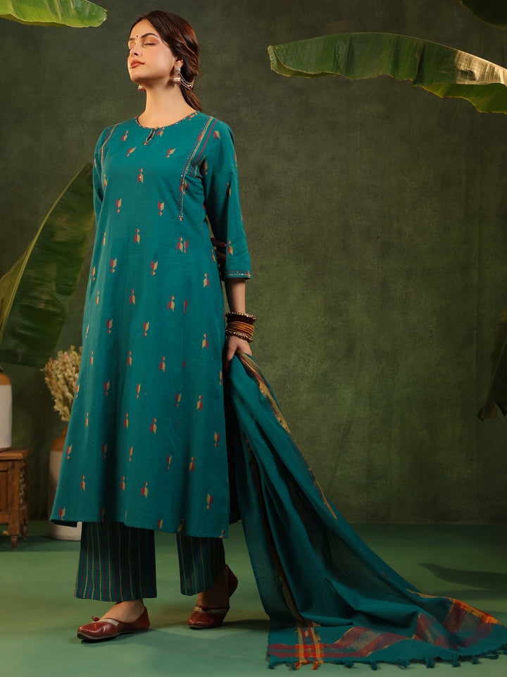 Kalam - Teal Green Handloom suit set