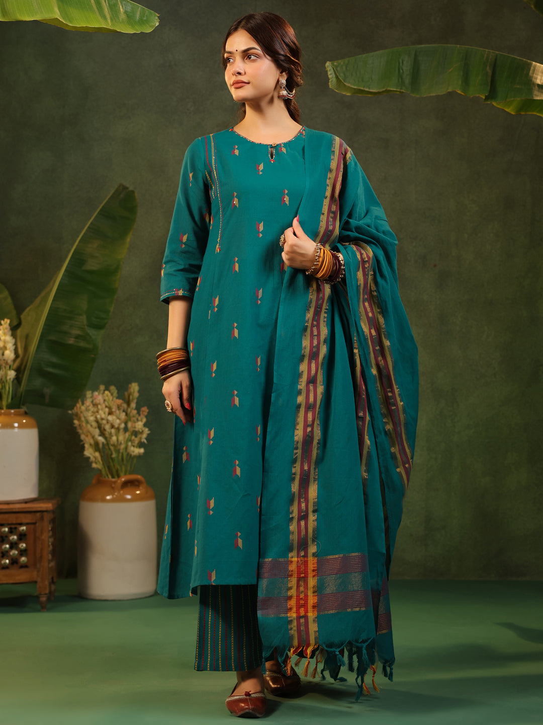 Kalam - Teal Green Handloom suit set