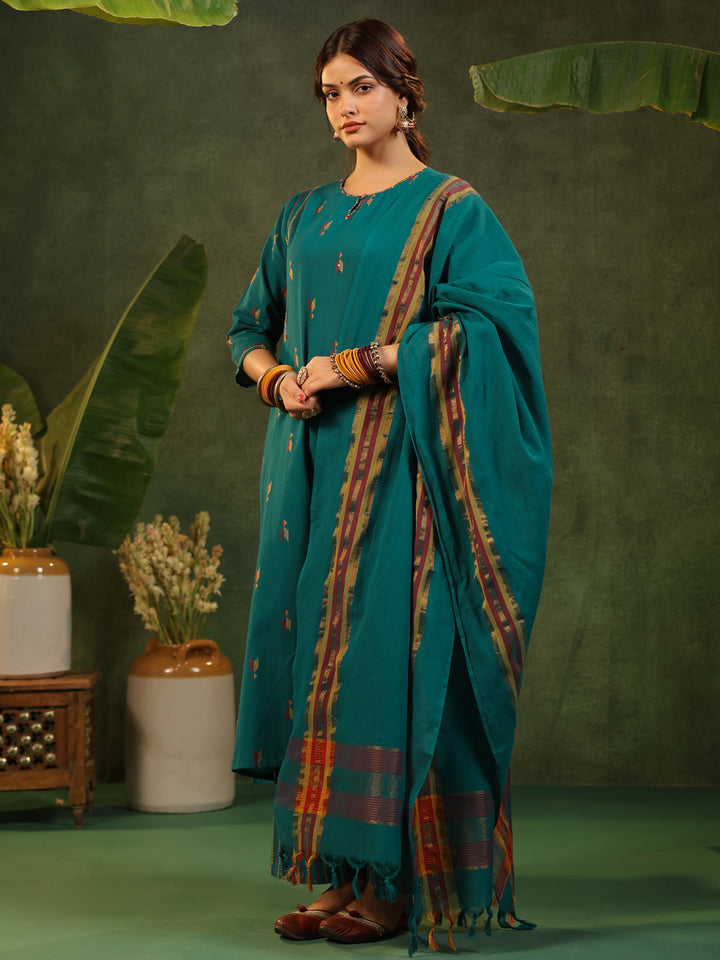 Kalam - Teal Green Handloom suit set