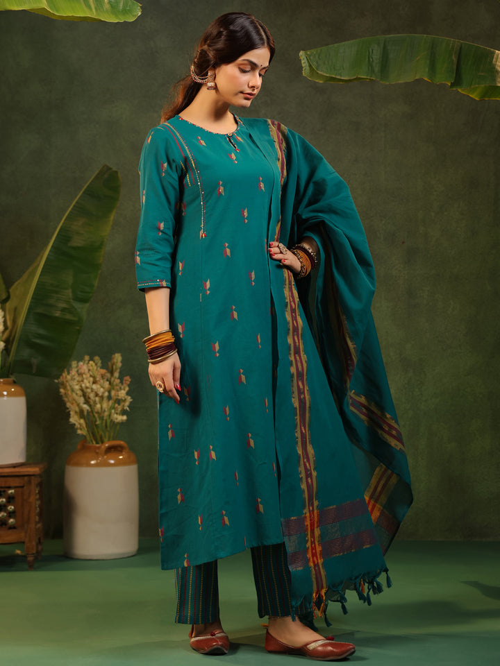Kalam - Teal Green Handloom suit set