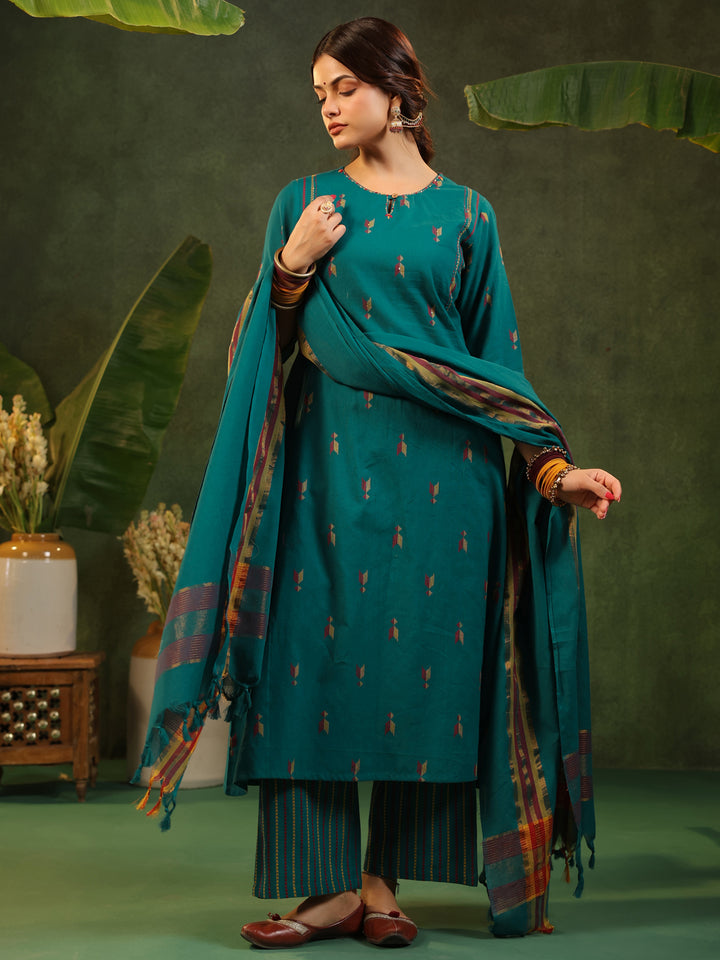 Kalam - Teal Green Handloom suit set