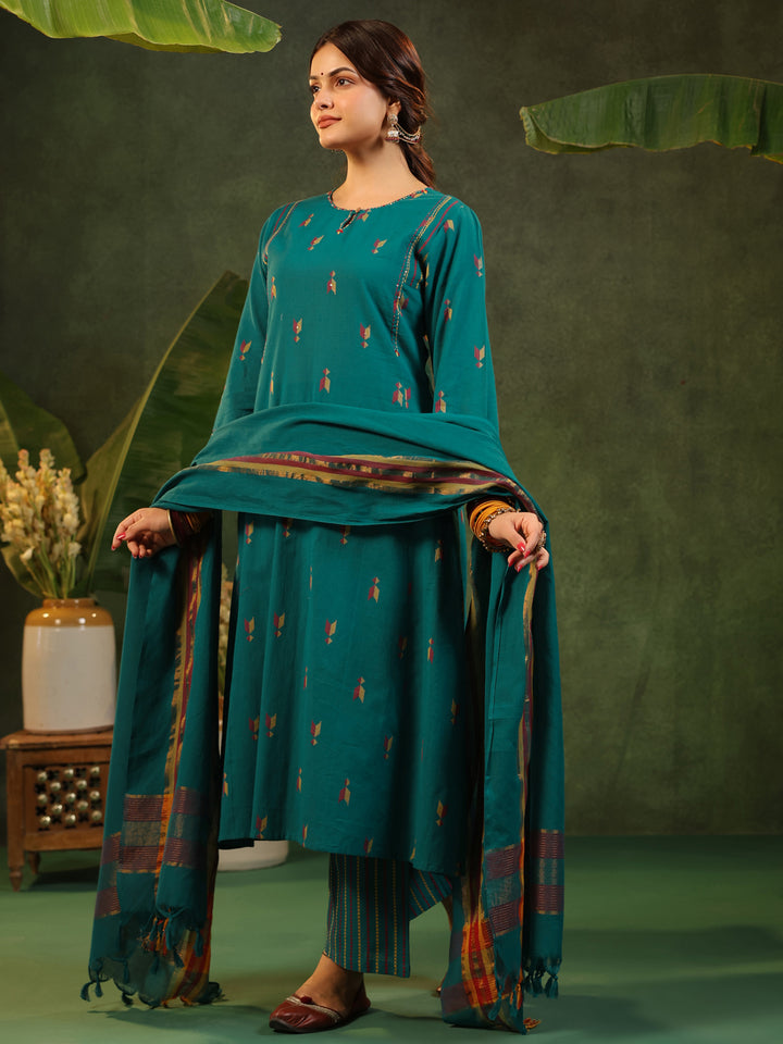 Kalam - Teal Green Handloom suit set