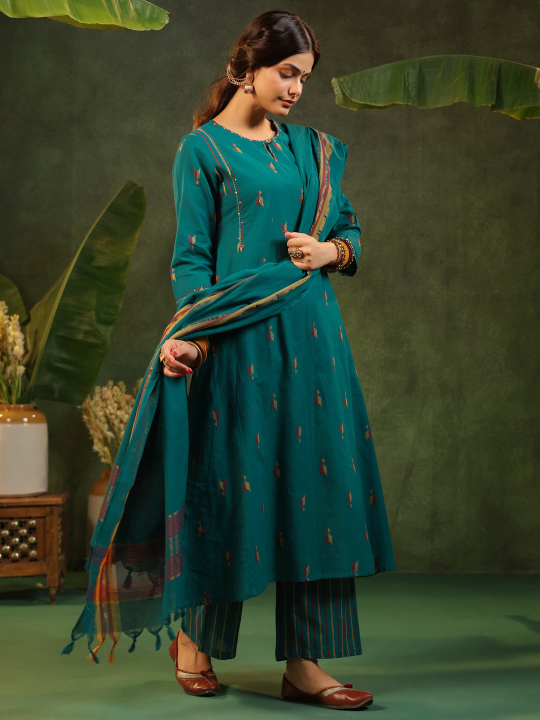 Kalam - Teal Green Handloom suit set