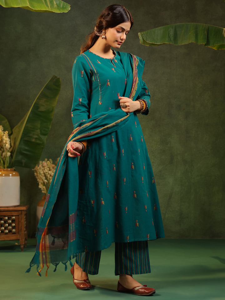 Kalam - Teal Green Handloom suit set