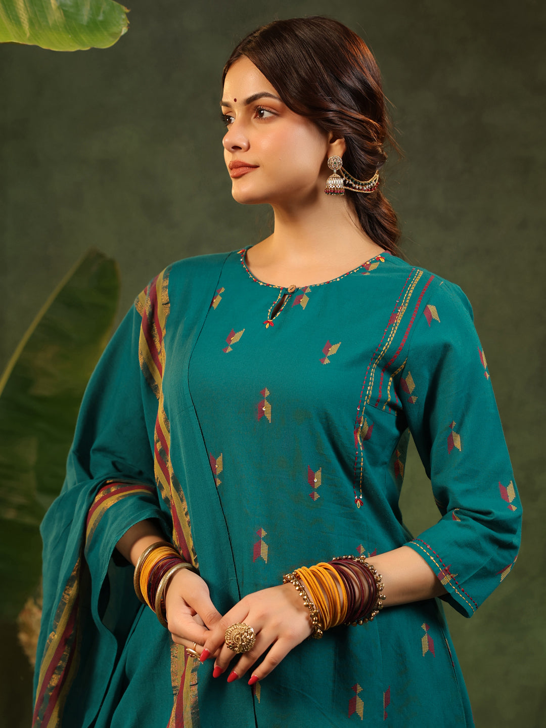 Kalam - Teal Green Handloom suit set