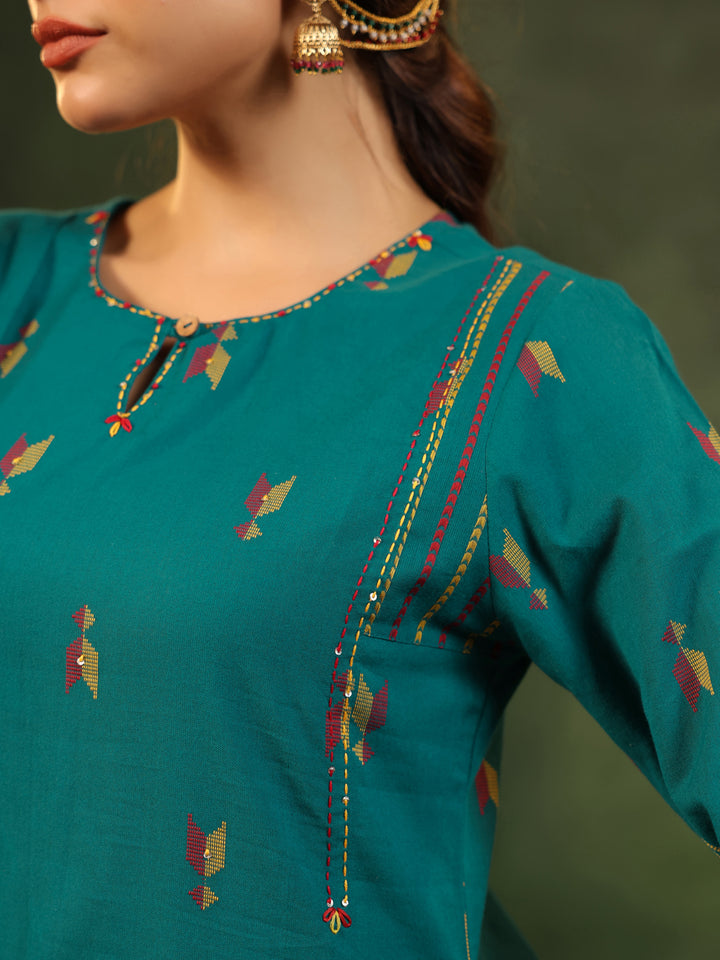Kalam - Teal Green Handloom suit set