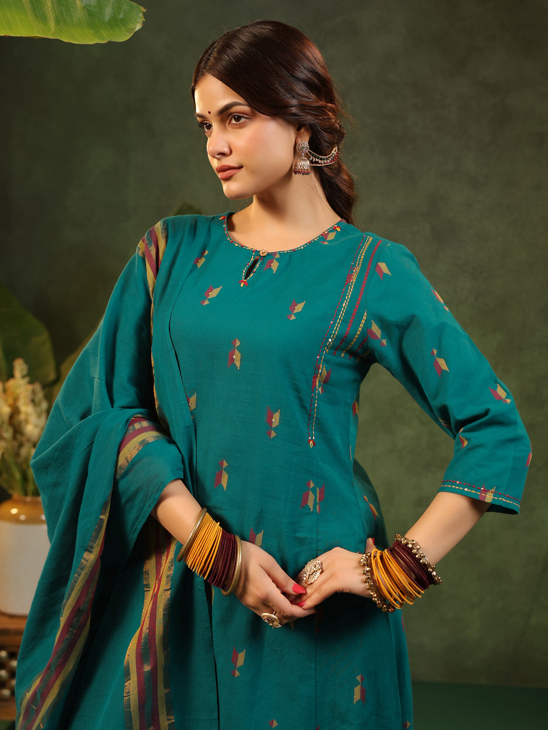 Kalam - Teal Green Handloom suit set