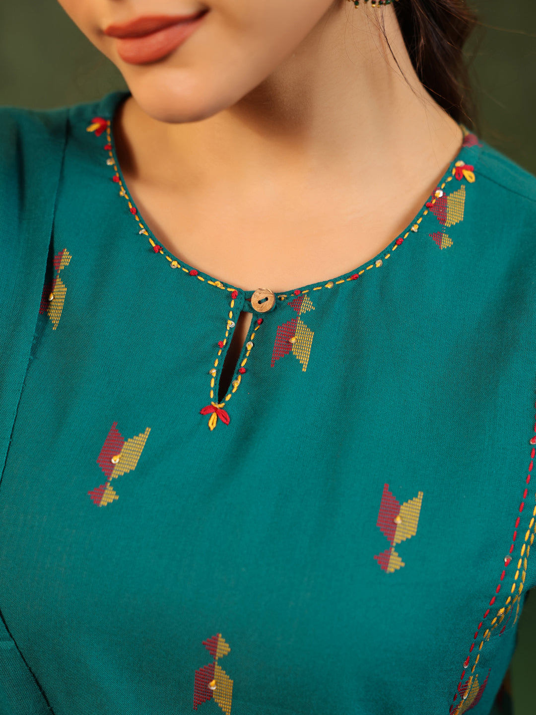 Kalam - Teal Green Handloom suit set