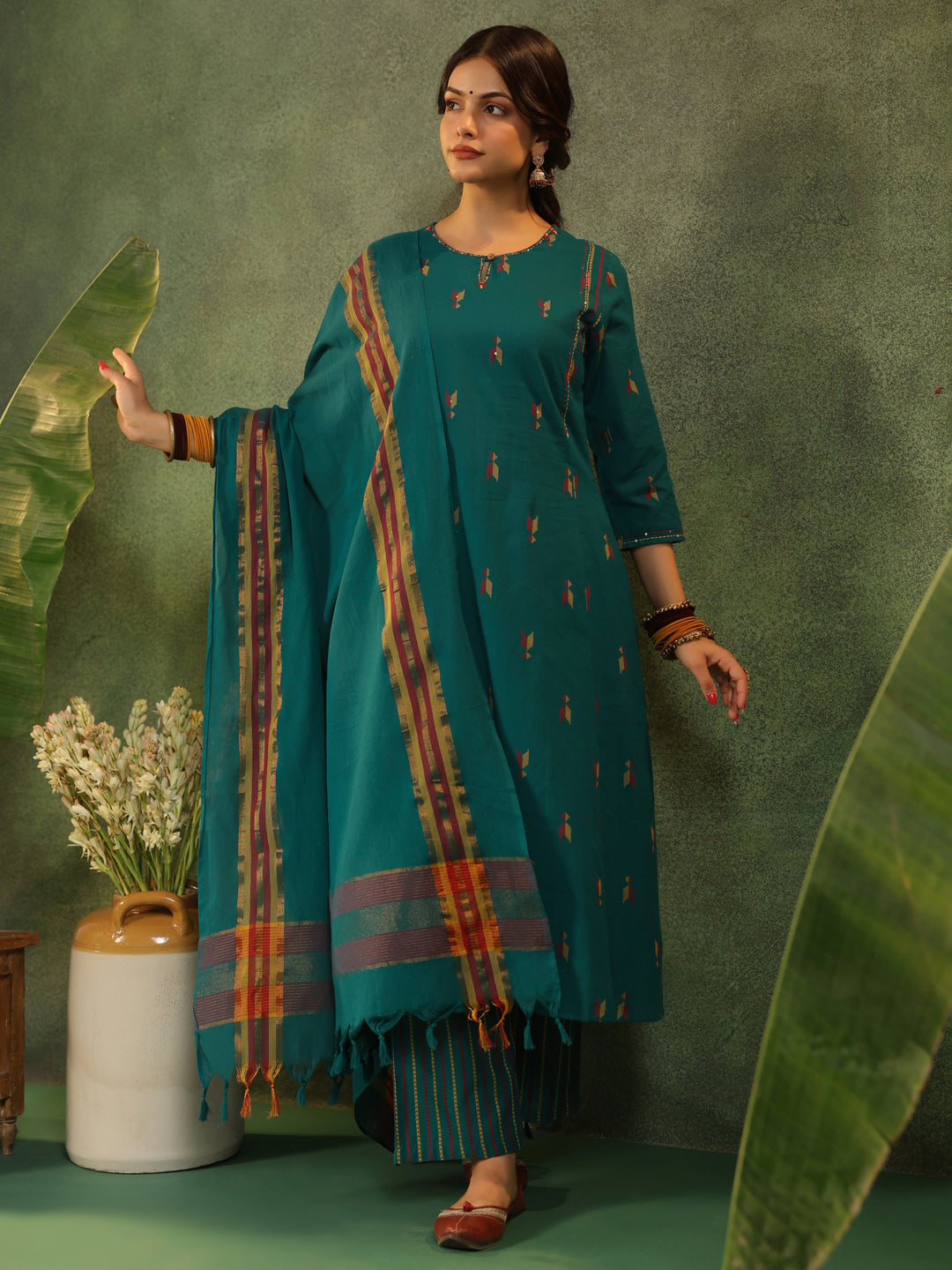 Kalam - Teal Green Handloom suit set