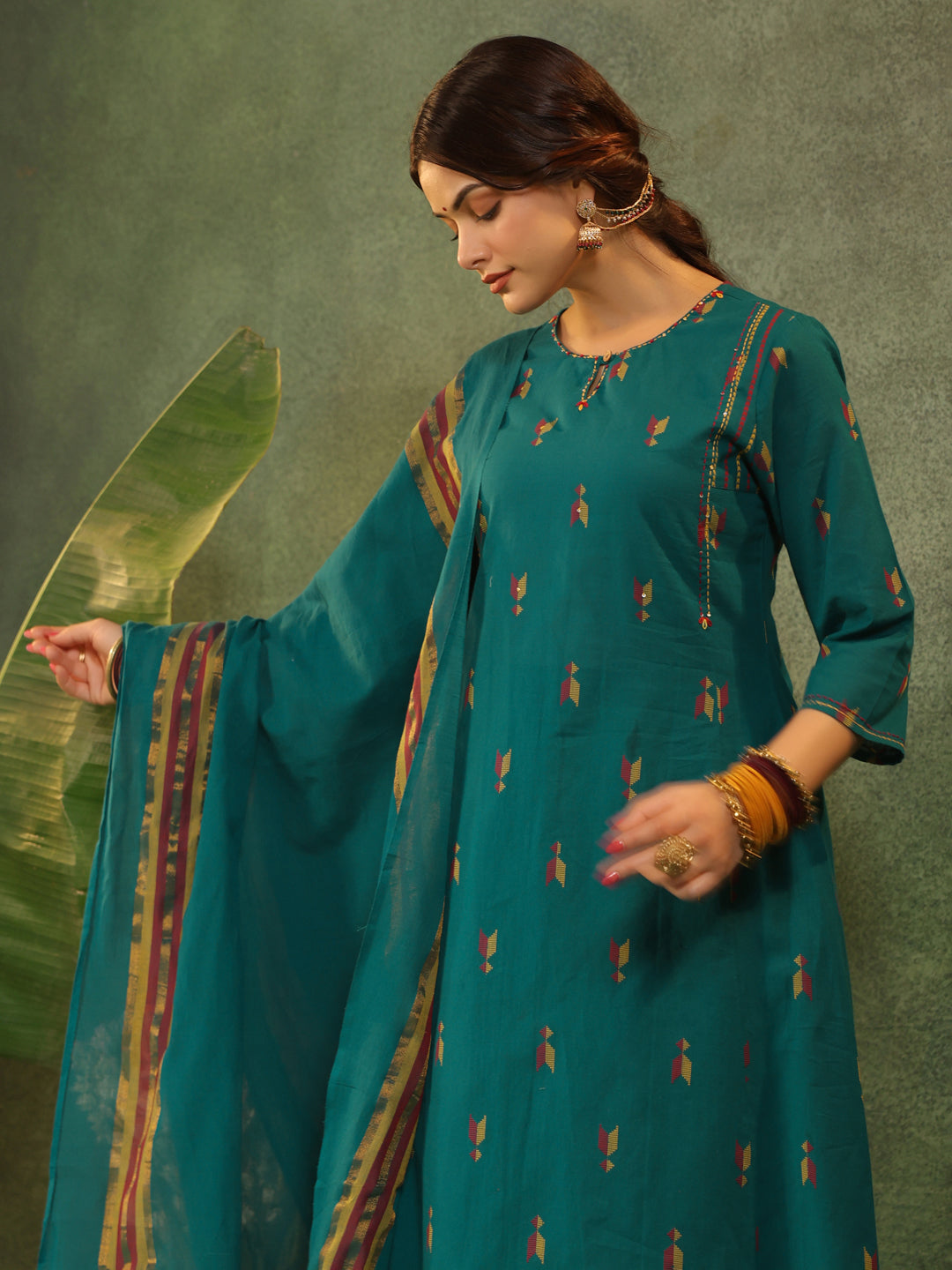 Kalam - Teal Green Handloom suit set