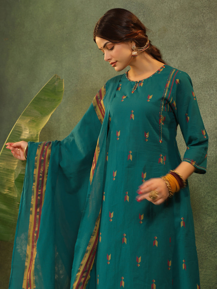 Kalam - Teal Green Handloom suit set