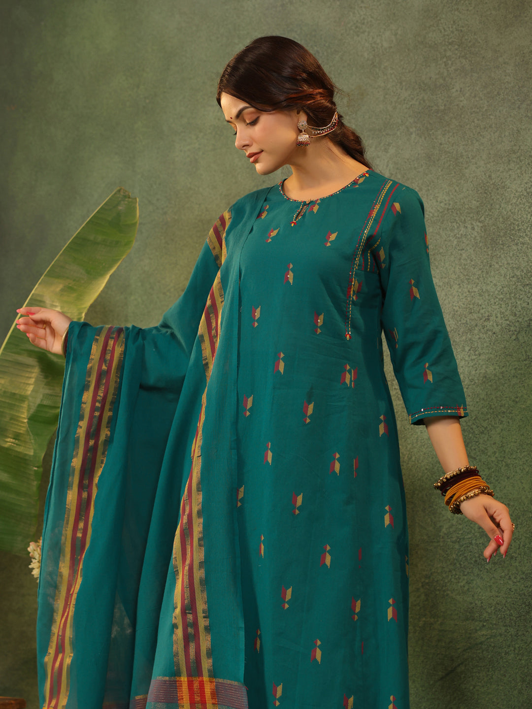 Kalam - Teal Green Handloom suit set