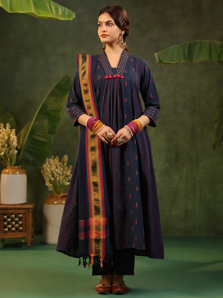 Indrani - Deep Blue Handloom suit set