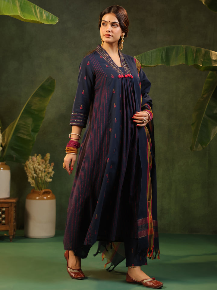 Indrani - Deep Blue Handloom suit set