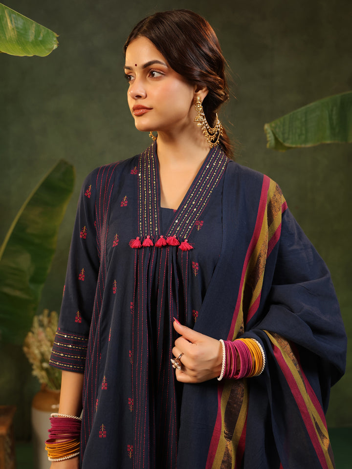 Indrani - Deep Blue Handloom suit set
